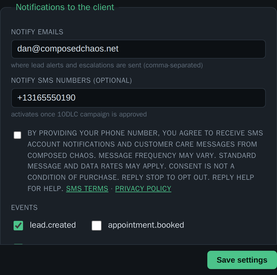 Account console screenshot: optional notify-SMS number field with a separate, unchecked SMS-consent checkbox and the full consent disclosure